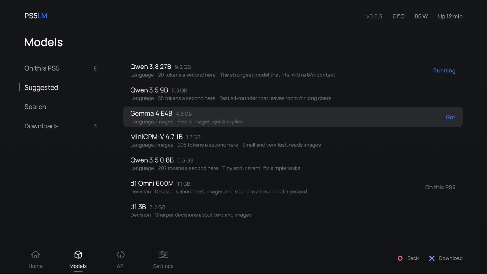 Models: suggested models measured on the console