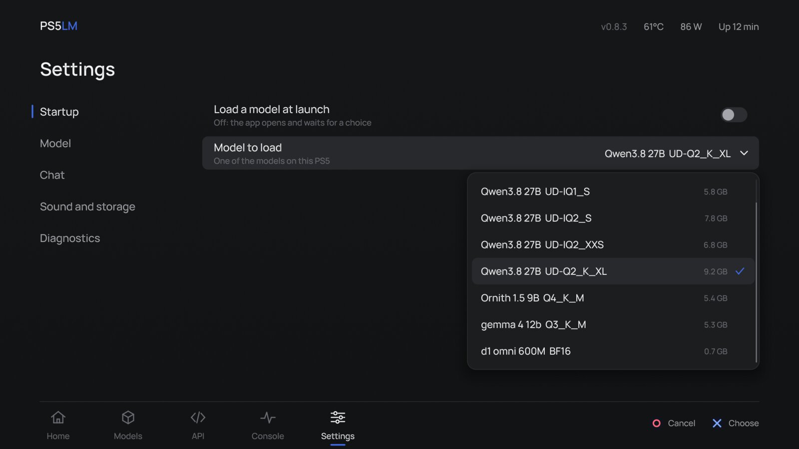Settings with a list of choices under a row